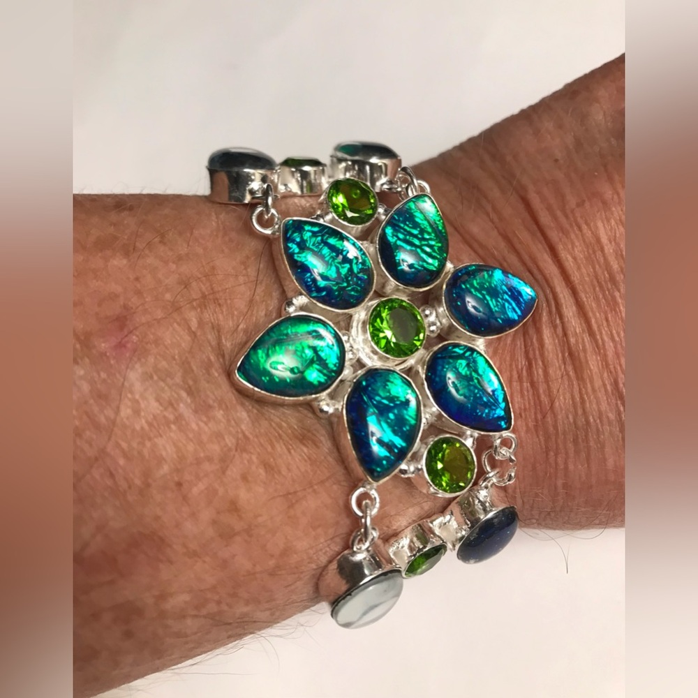 Triplet Fire Opal Stamped 925 Sterling Silver Bracelet